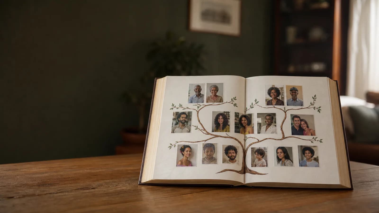 Livro com a trajetória de uma família aberto em uma árvore de gerações fotográfica.