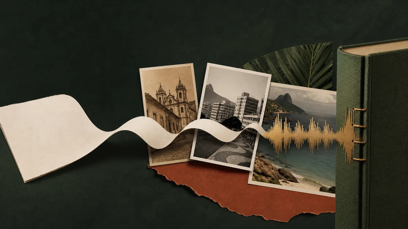 Uma fita de papel atravessa fotografias, vira onda de áudio e termina em um livro.