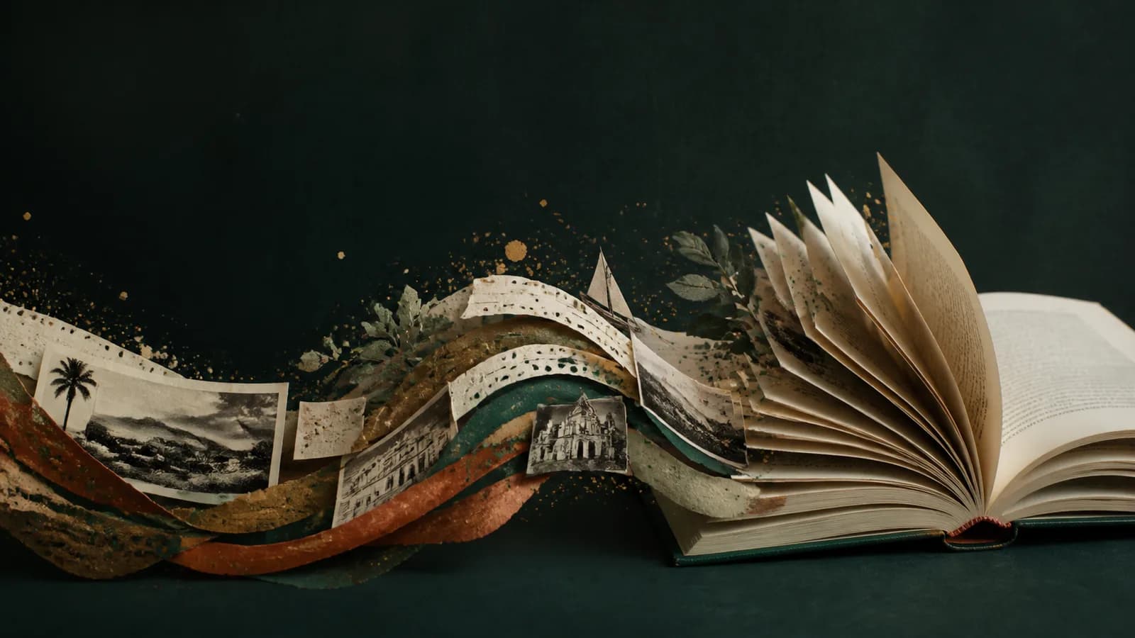 Fotografias e camadas de papel se transformam em um livro aberto.