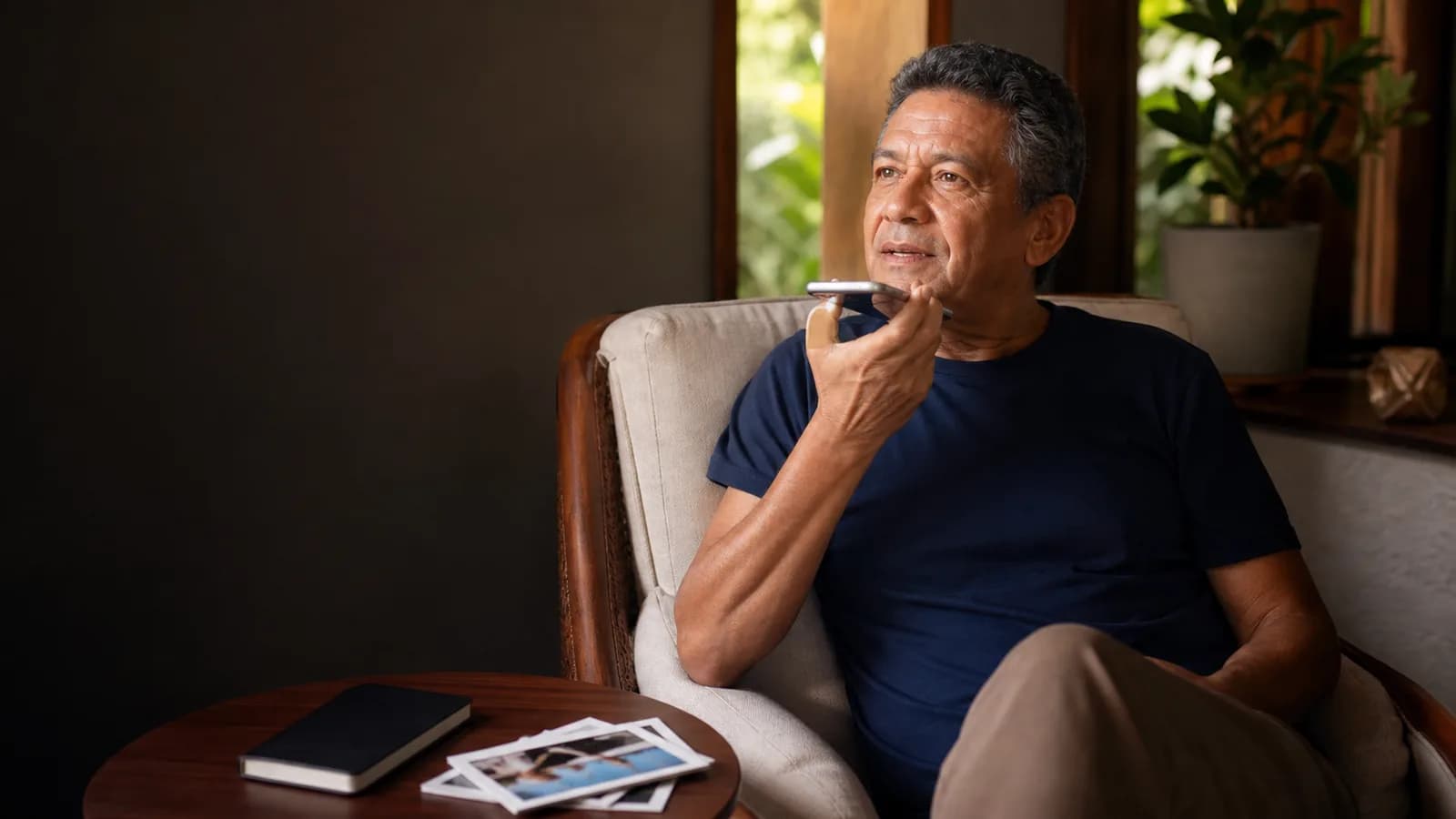 Homem brasileiro maduro gravando suas memórias em áudio no celular, em casa.