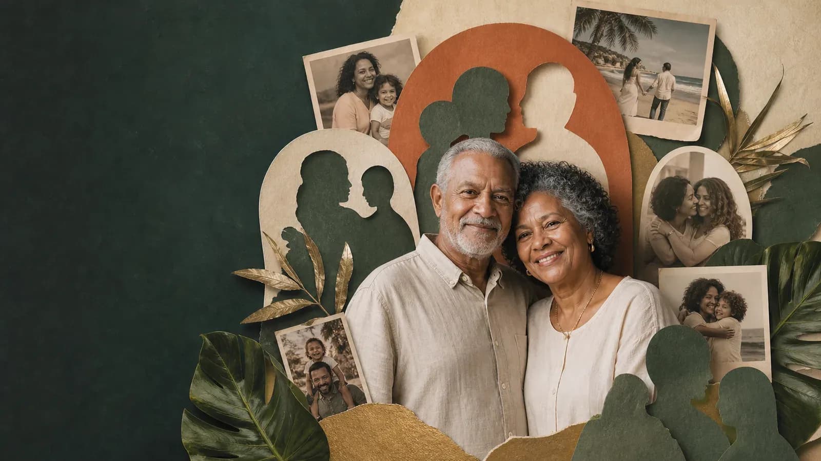 Colagem celebra avós em vida cercados por fotografias e gerações da família.