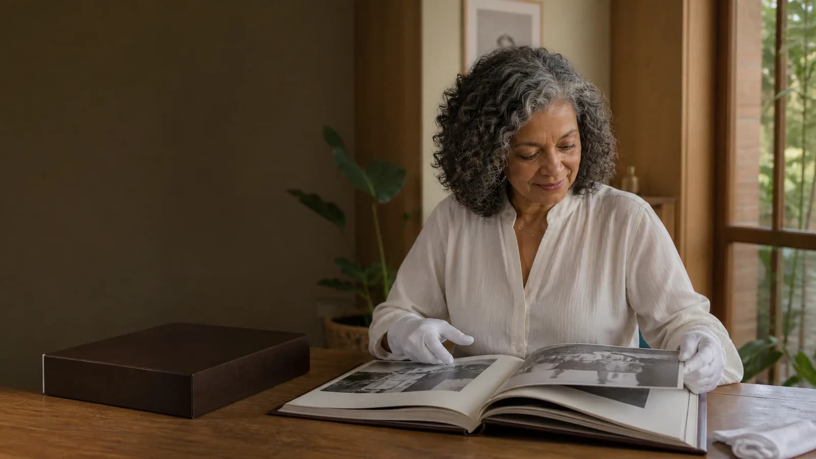 Mulher madura folheando um livro de memórias preservado com cuidado.