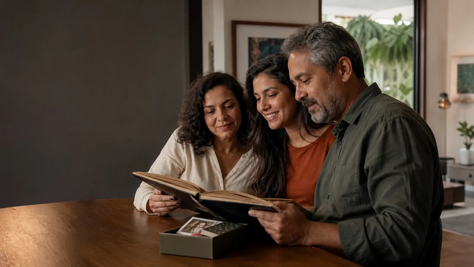 Casal maduro folheando com a filha um livro com histórias da família.