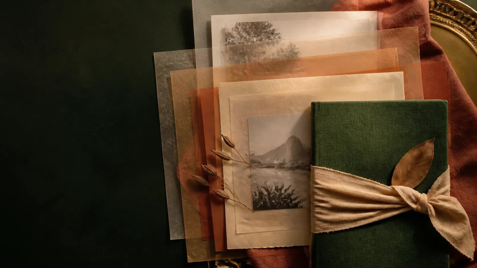 Camadas de papel e fotografias envolvem um livro de memórias dado como presente de 70 anos.