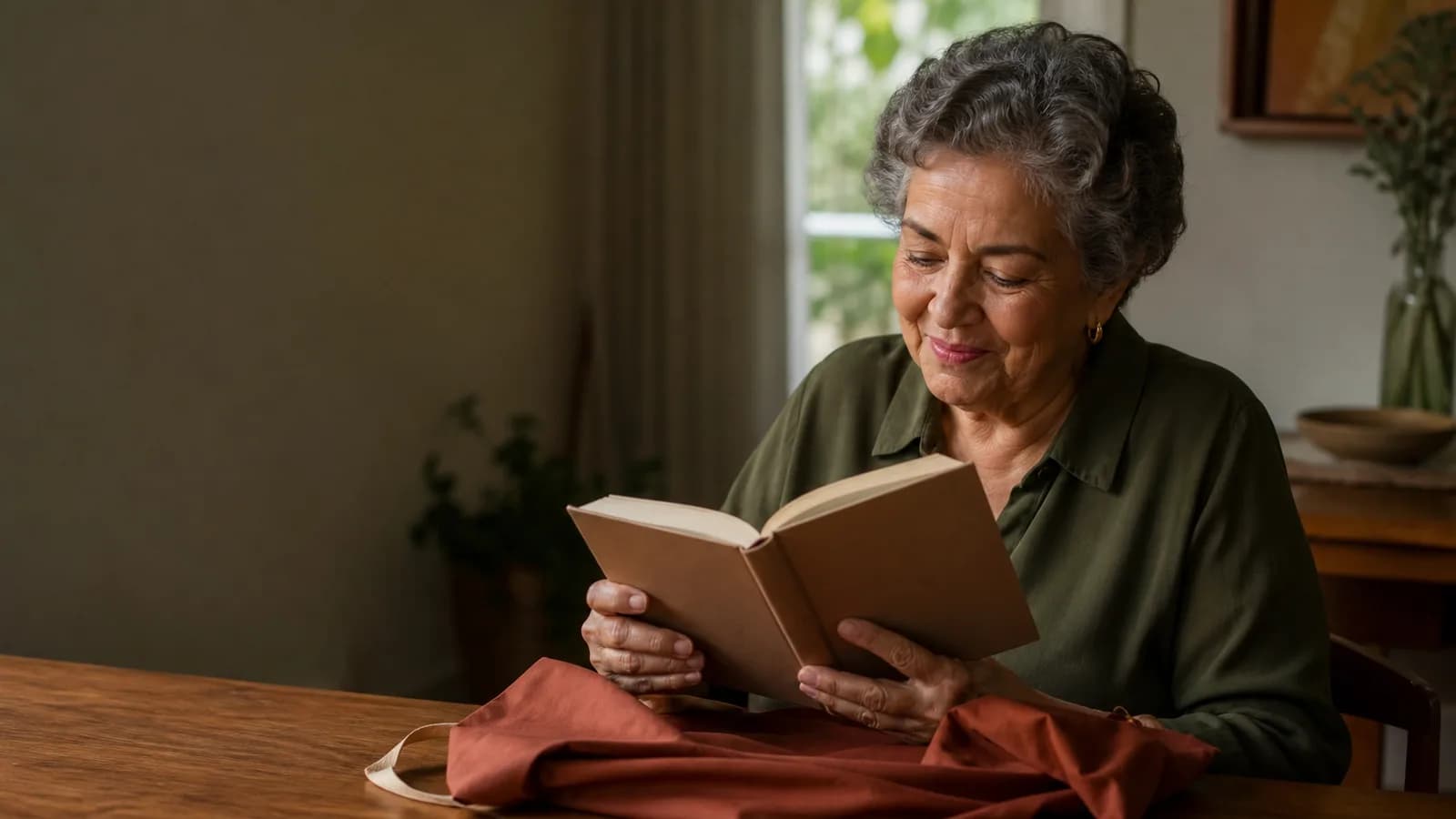 Avó sorrindo ao receber um livro com suas histórias.