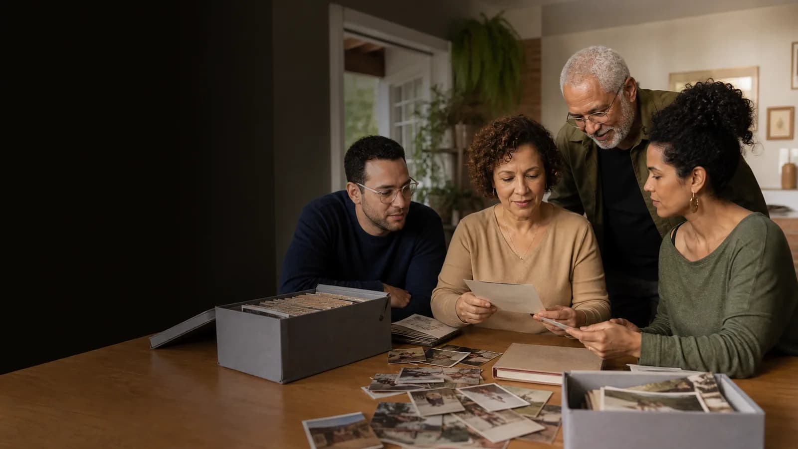 Família organizando fotografias e histórias para preservar suas memórias.