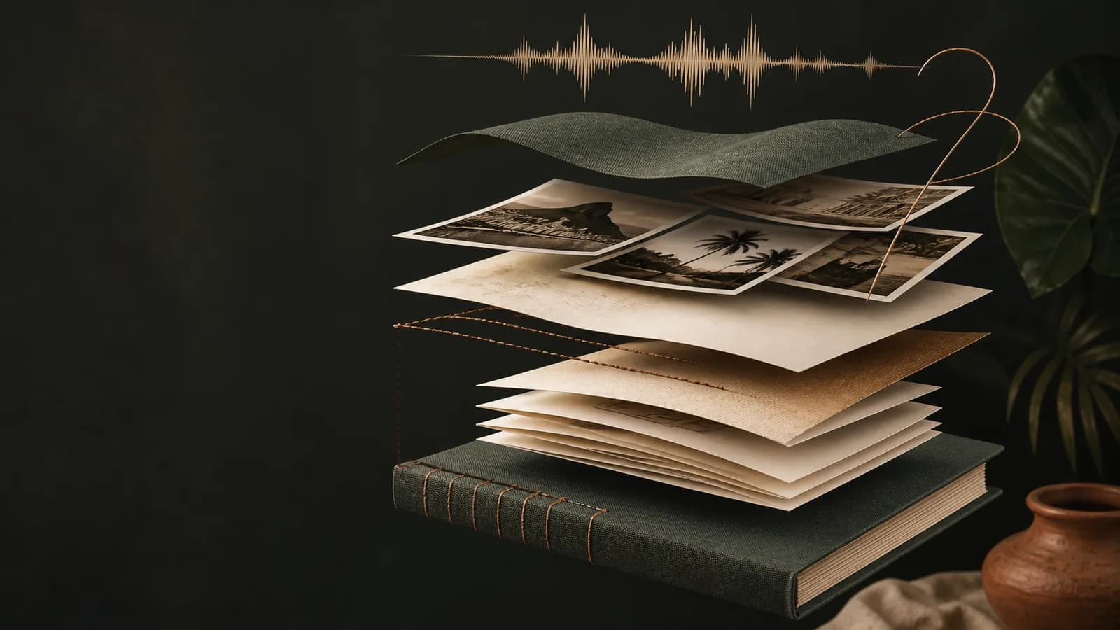 Camadas de áudio, fotografias, papel e costura formam um livro de memórias.