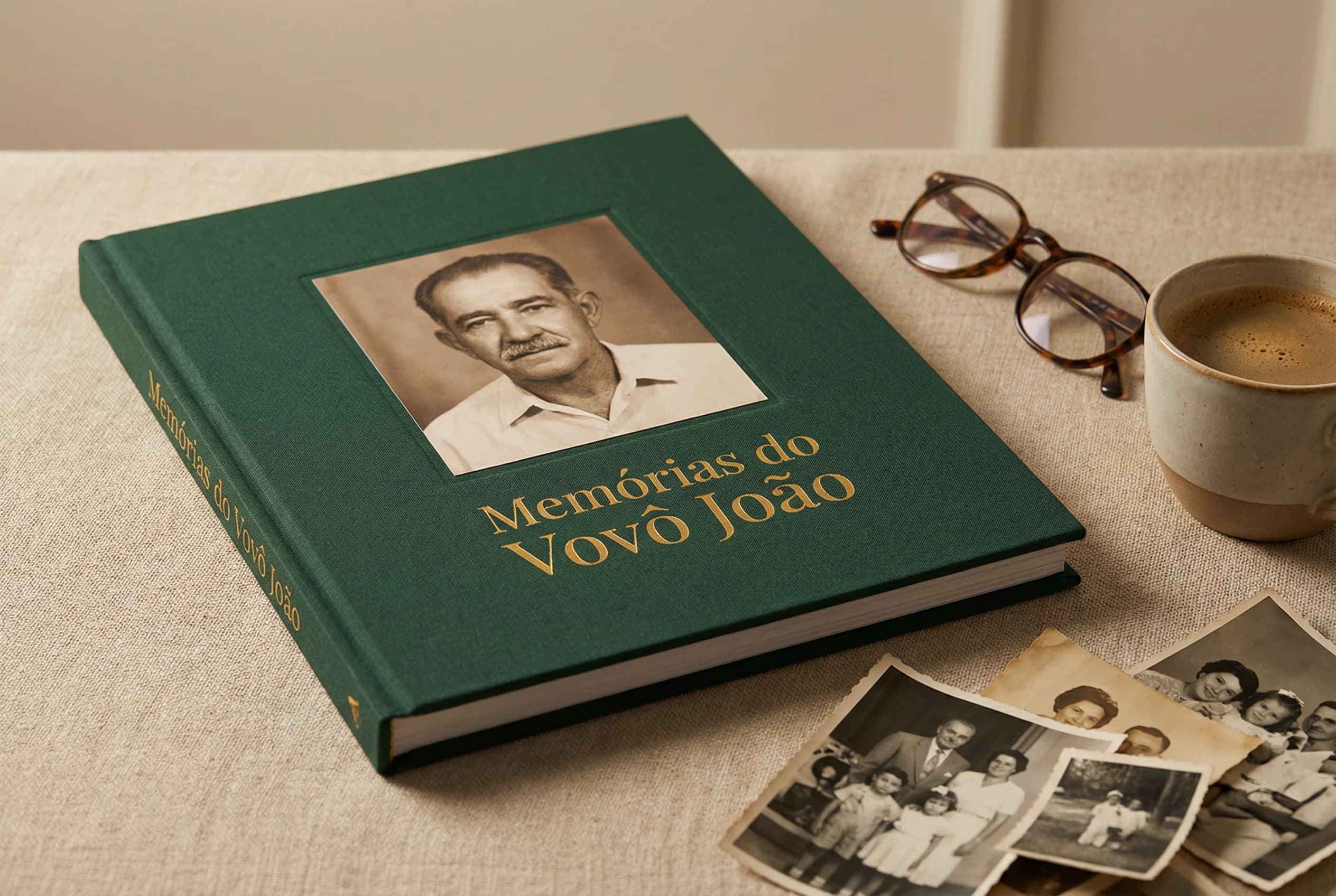 Livro Memórias do Vovô João — capa verde com letras douradas