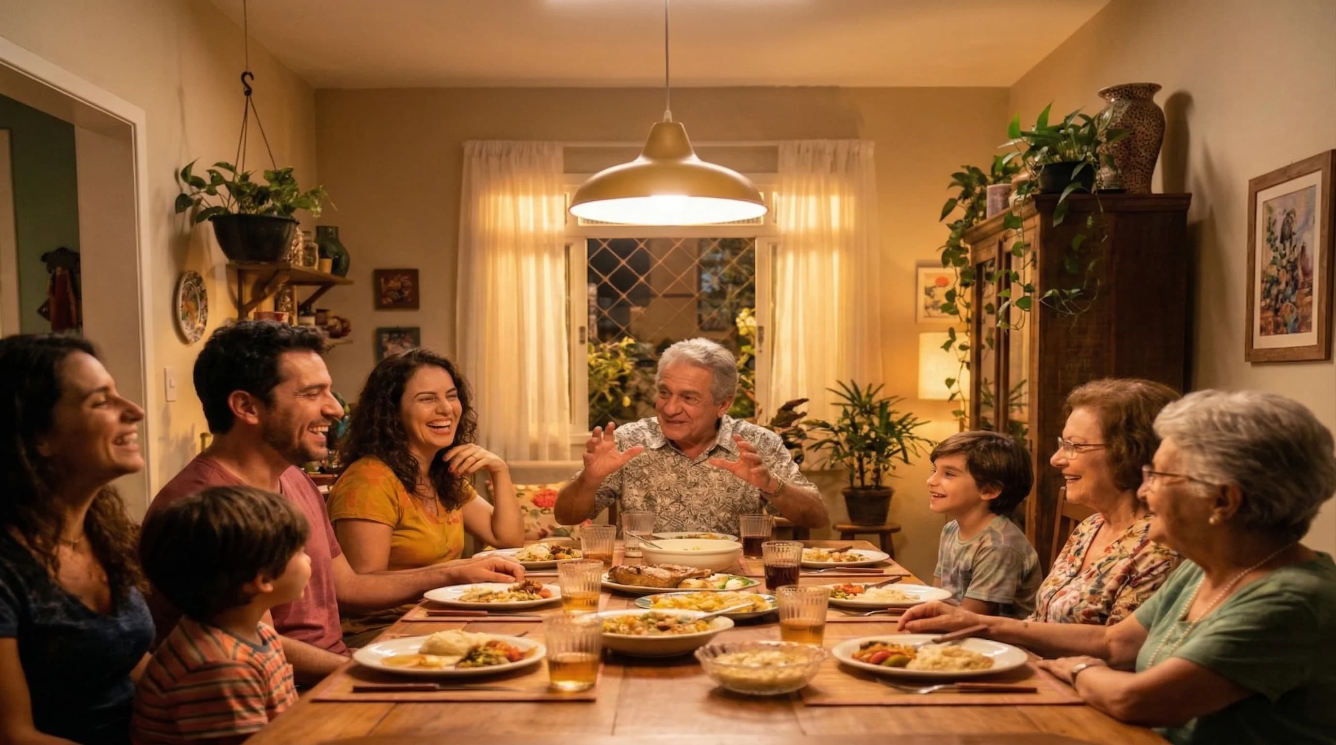 Família brasileira reunida olhando um álbum de fotos