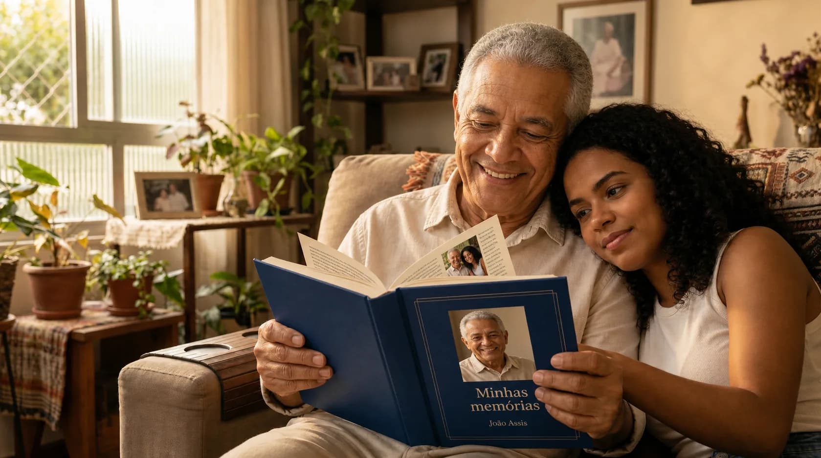 Pai folheando um livro de memórias ao lado da filha no Dia dos Pais.