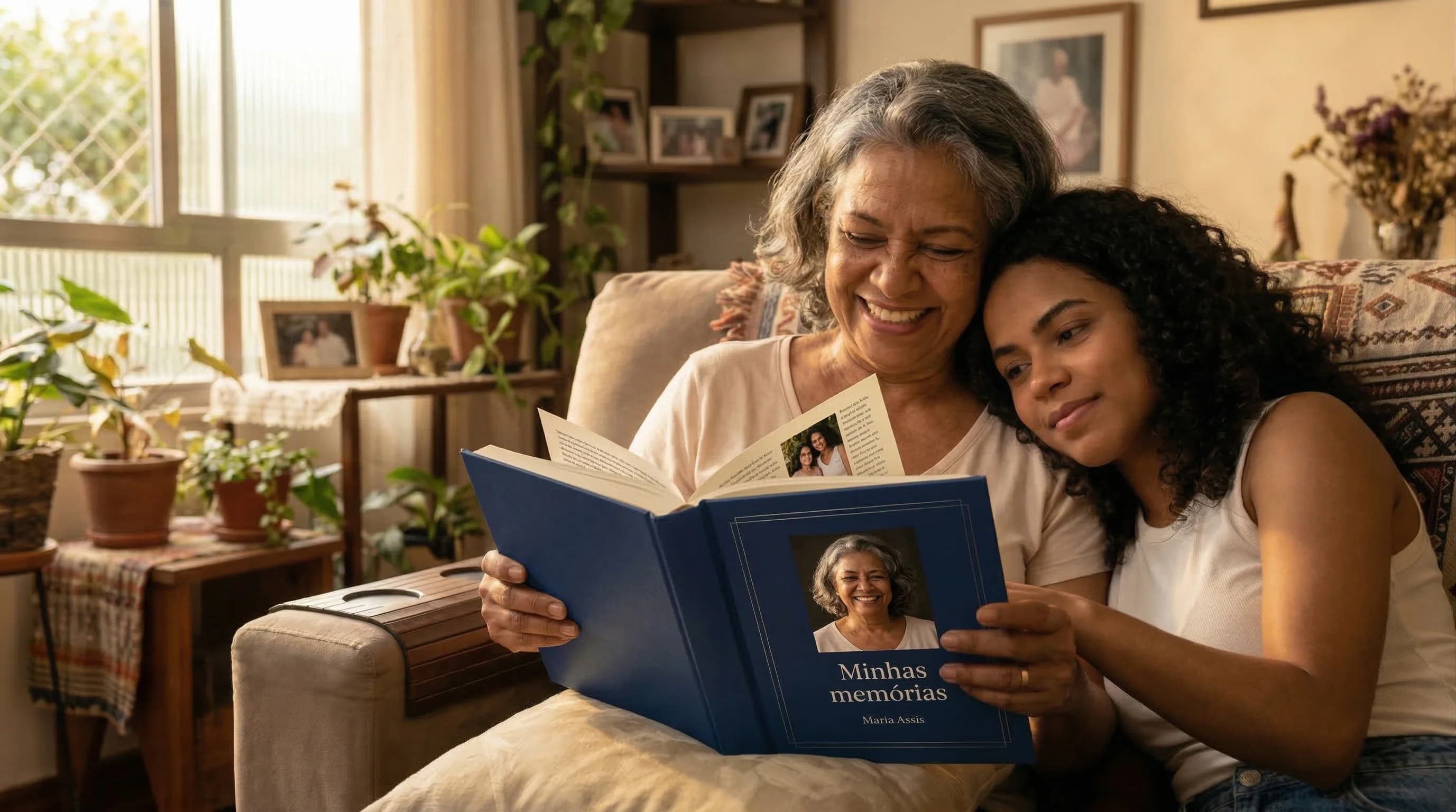Avó e neta lendo livro de memórias juntas