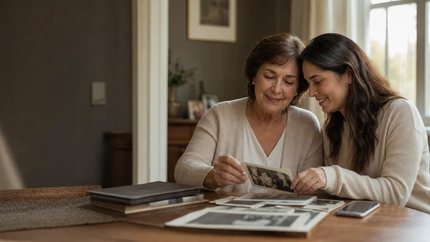 Mãe brasileira e filha adulta olhando fotos antigas em casa, com celular próximo para contar histórias.