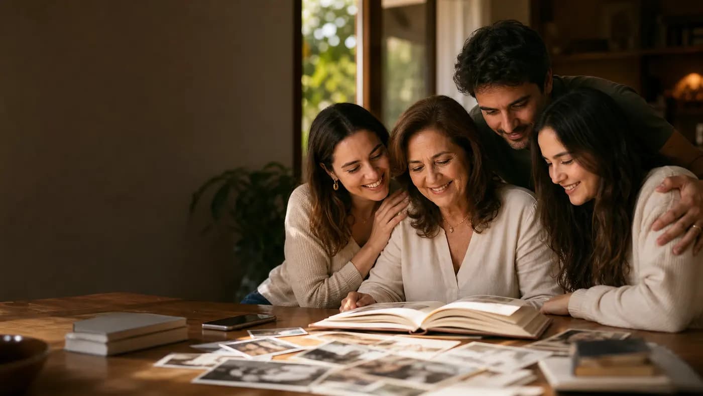 Família brasileira reunida em torno da mãe com fotos antigas e um livro aberto sobre a mesa.