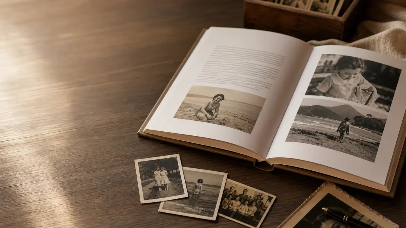 Livro de memórias de capa dura aberto sobre mesa de madeira com fotos antigas ao lado.