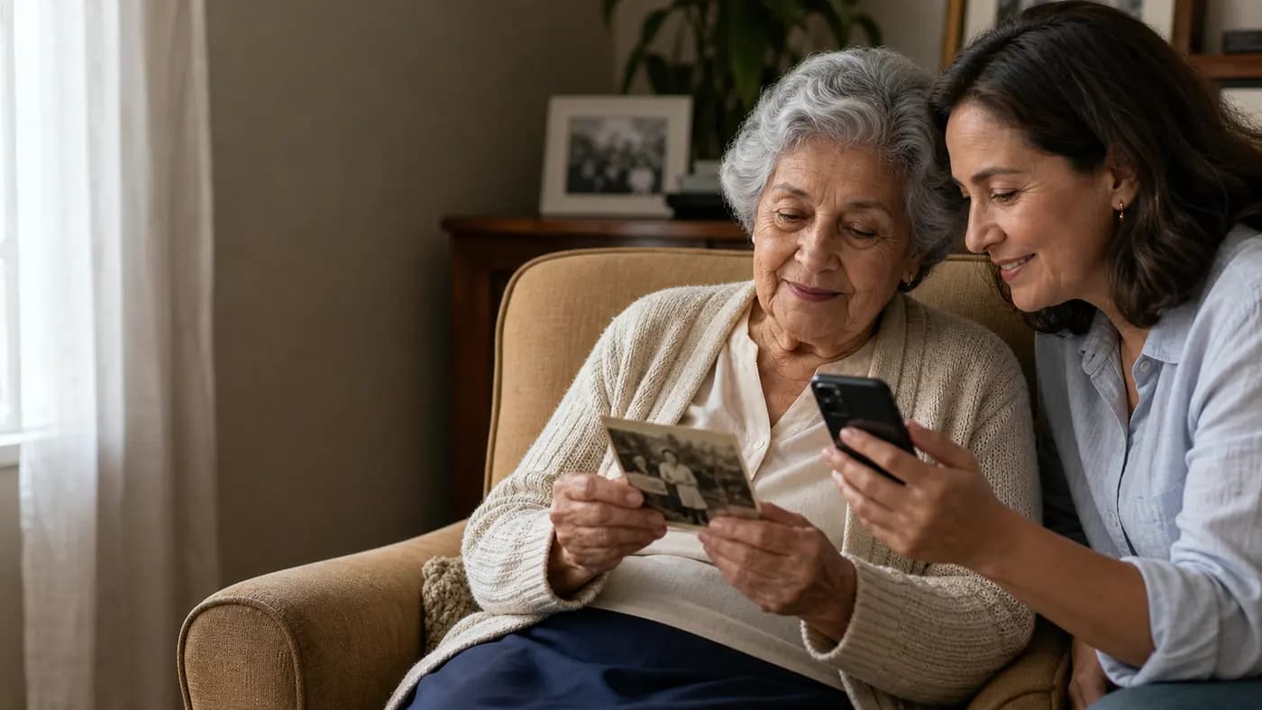 Mãe idosa segurando uma foto antiga enquanto a filha segura um celular por perto.