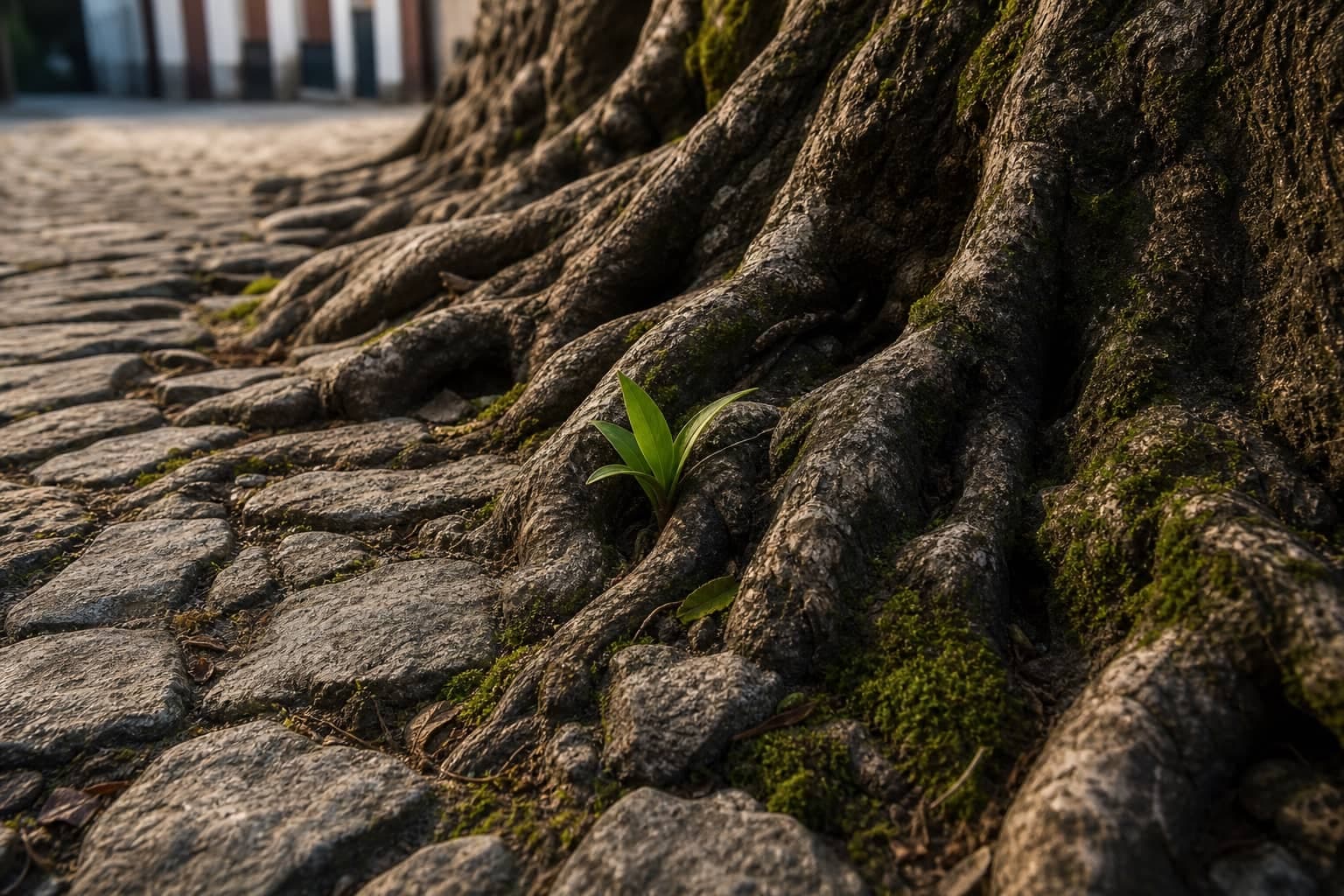 Raízes antigas avançando sobre um calçamento de pedras com um broto verde