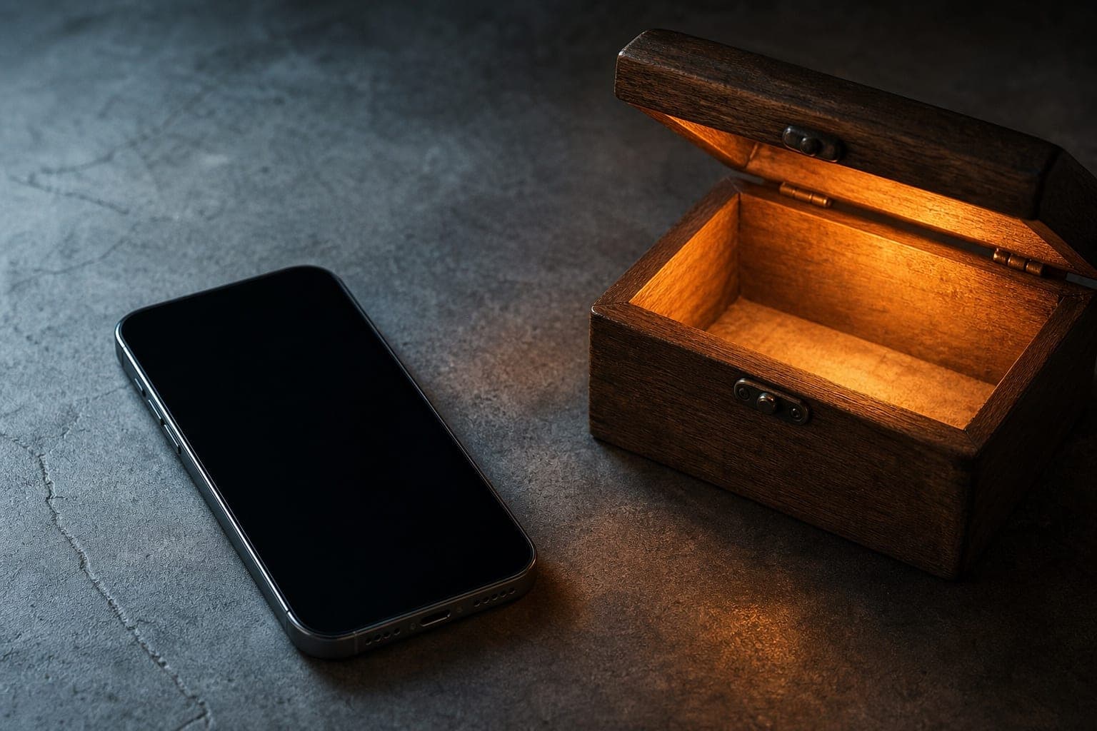 Celular com a tela desligada ao lado de uma caixa de madeira iluminada