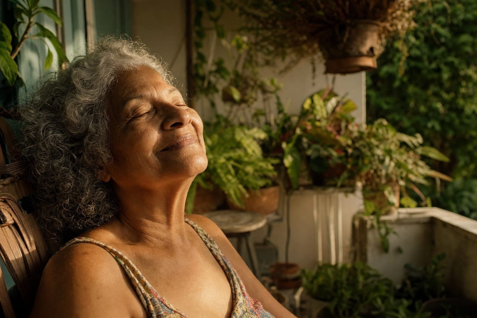 Mulher idosa sorrindo ao sol em uma varanda com plantas