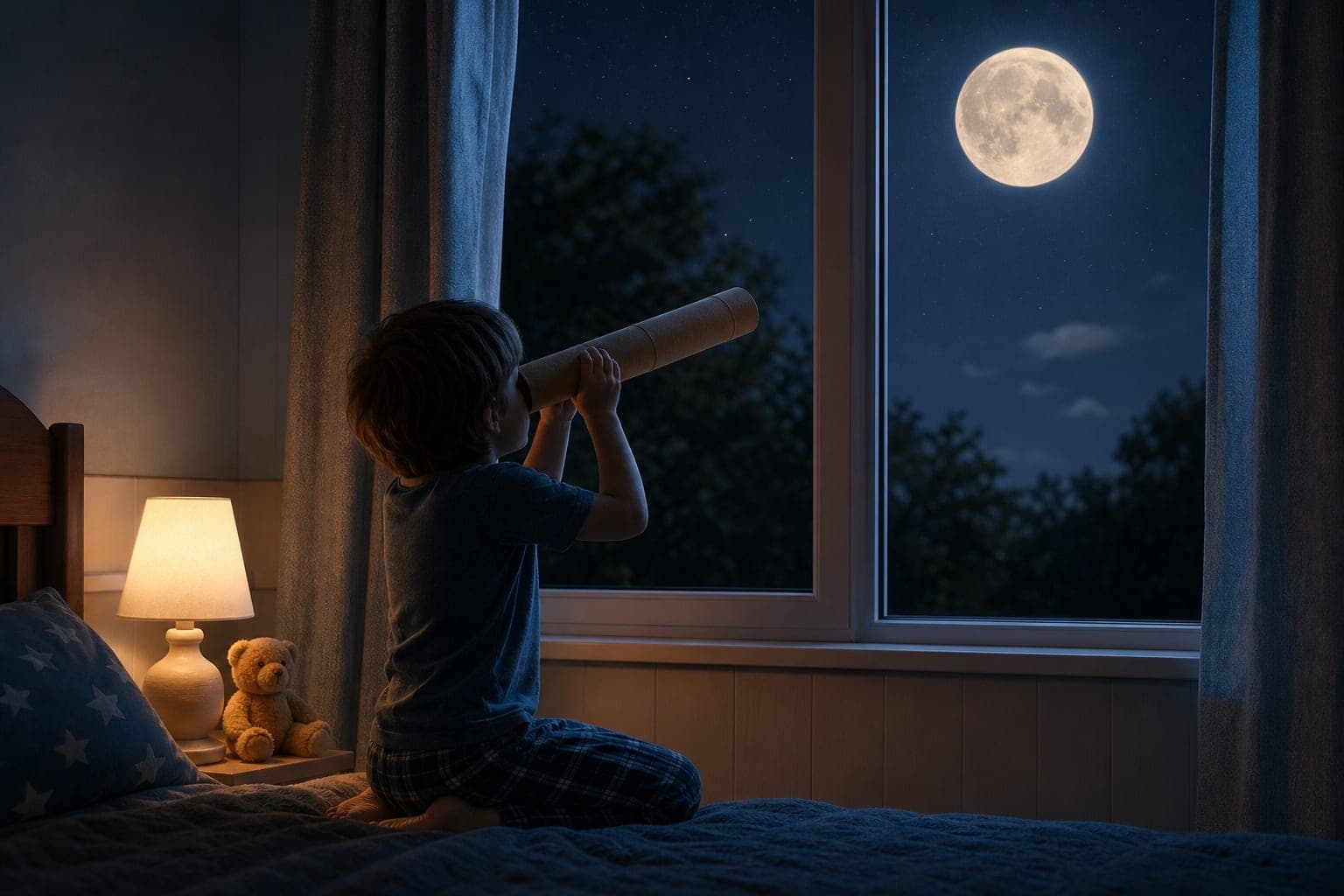 Criança observando a lua por um telescópio de brinquedo junto à janela