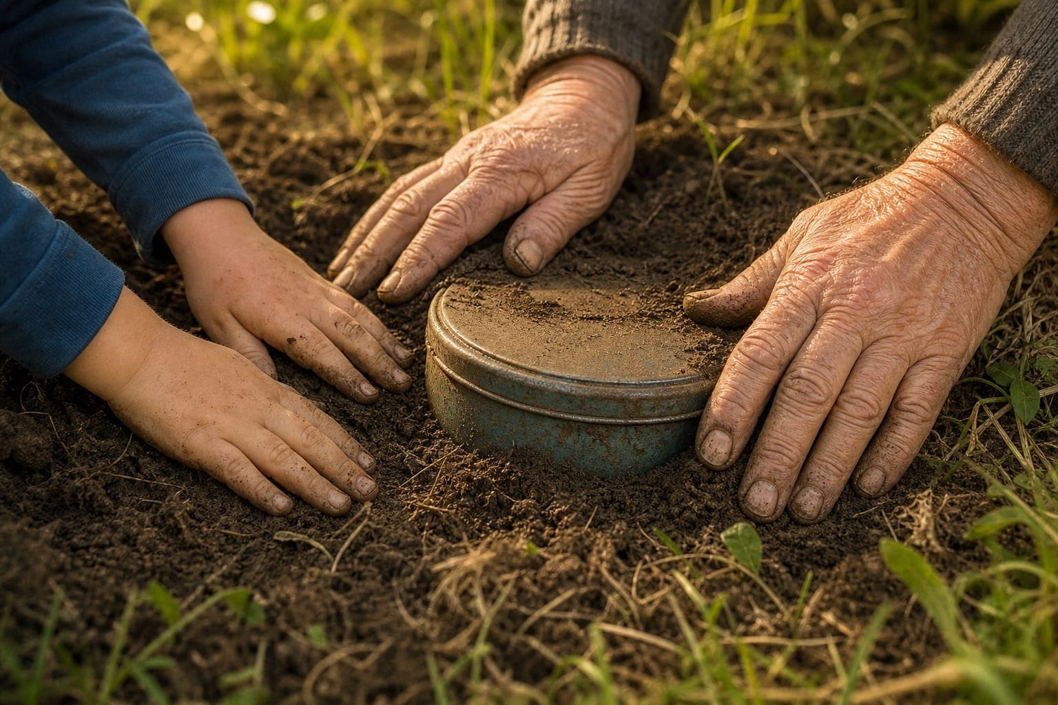 Mãos de uma criança e de uma pessoa idosa enterrando uma caixa metálica no jardim