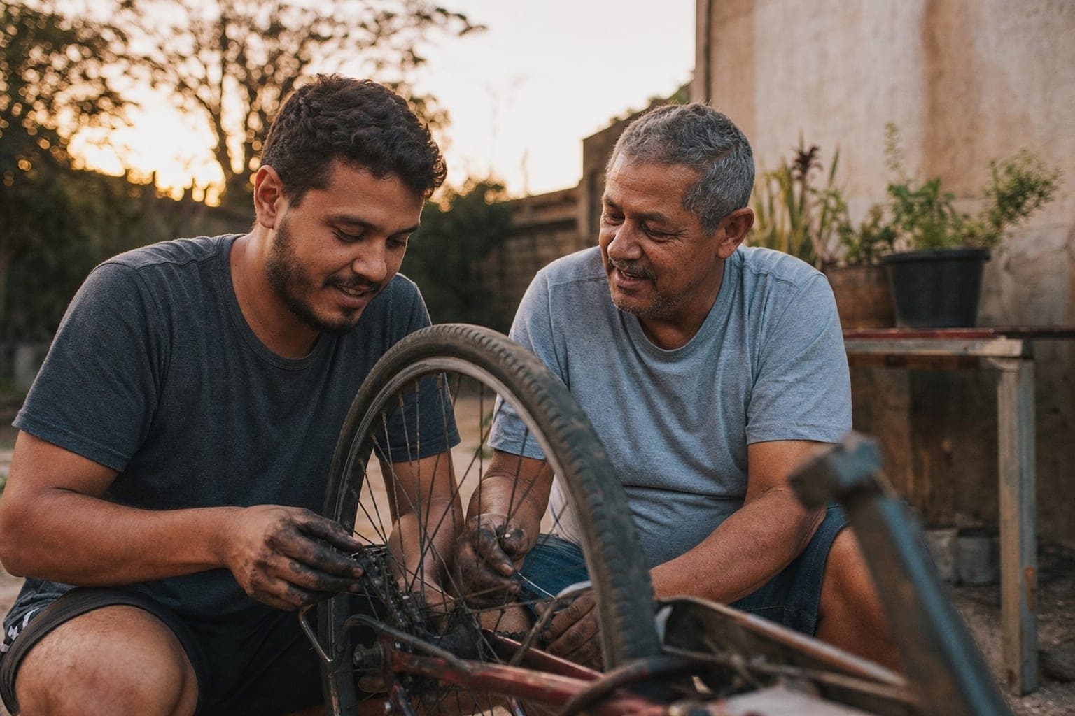 Pai e filho adultos consertando juntos uma bicicleta no quintal