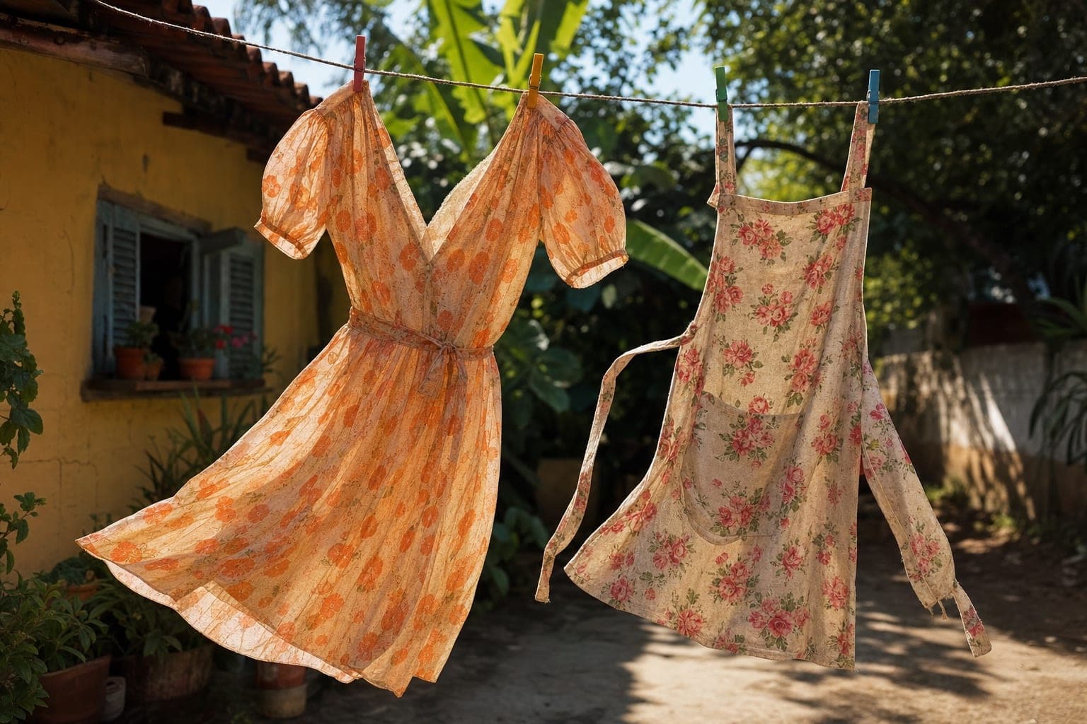 Vestido de festa e avental florido pendurados no mesmo varal