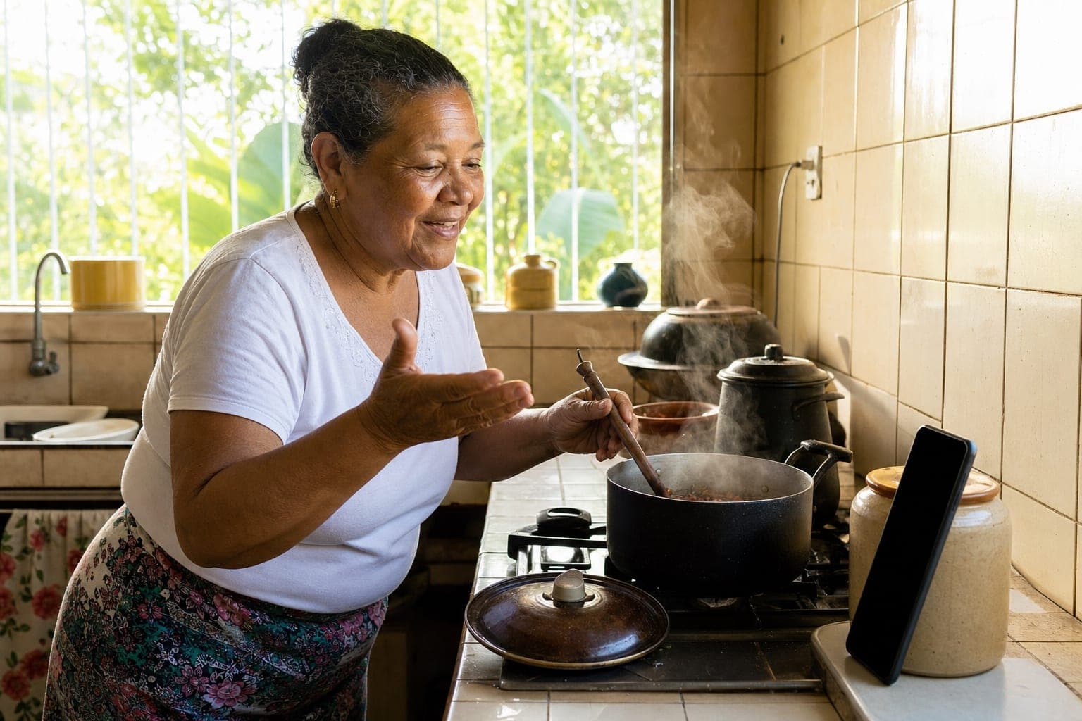 Avó cozinhando enquanto fala em direção ao celular apoiado na bancada