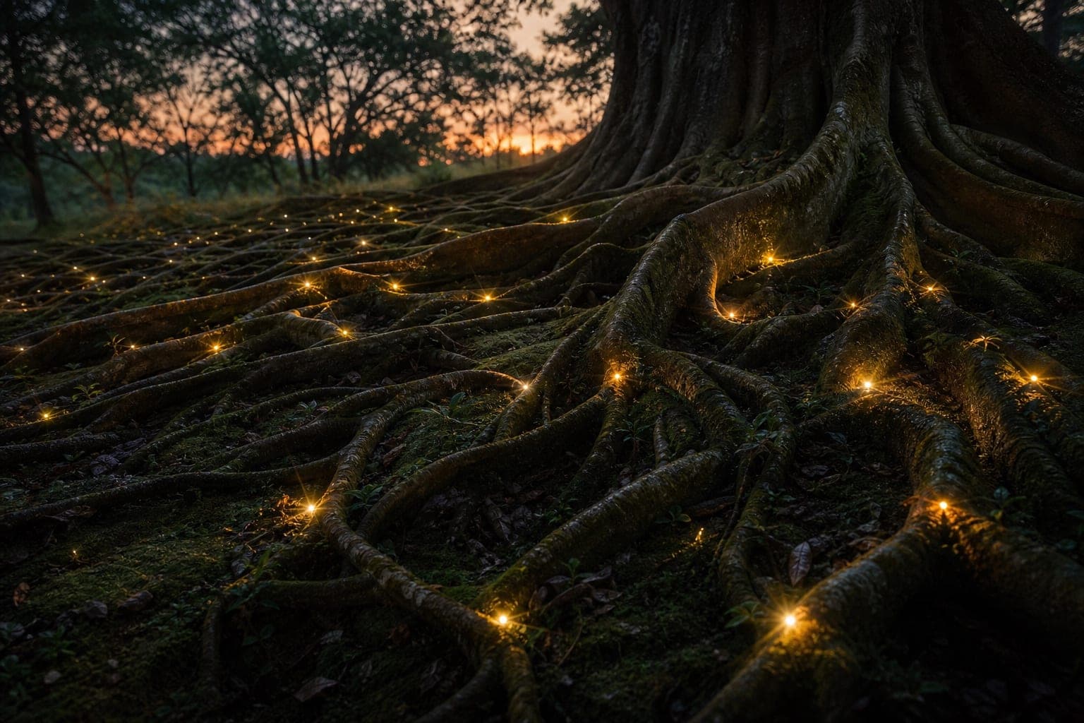 Raízes expostas de uma figueira iluminadas por pequenos vaga-lumes