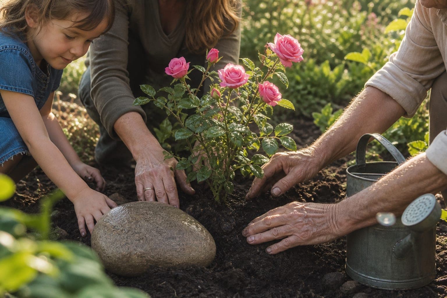 Mãos de diferentes gerações plantando uma roseira em um jardim
