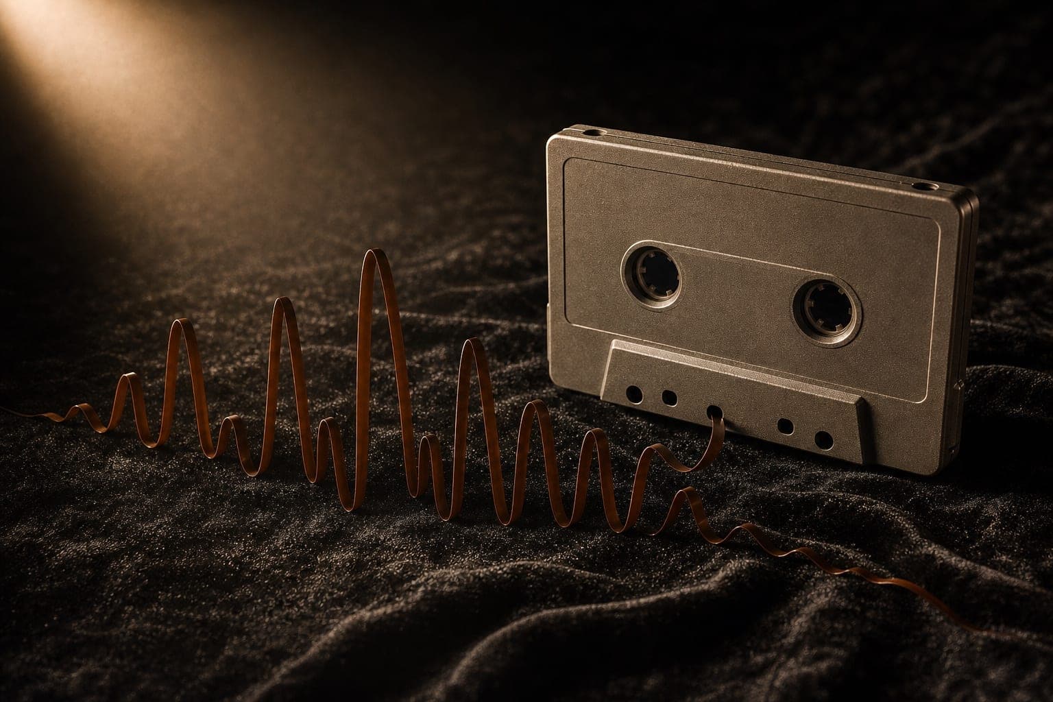 Fita cassete com a película formando curvas semelhantes a uma onda sonora