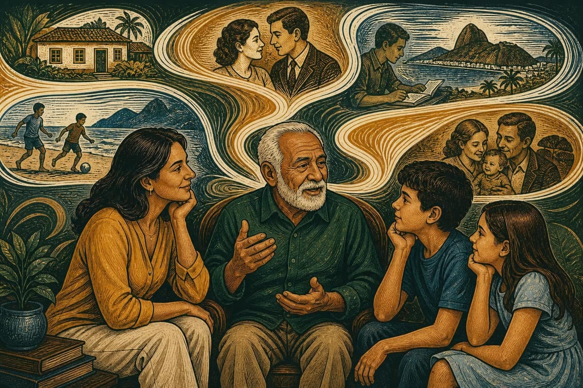 Avô conta uma história enquanto filha e netos escutam, unidos por cenas das memórias da família.