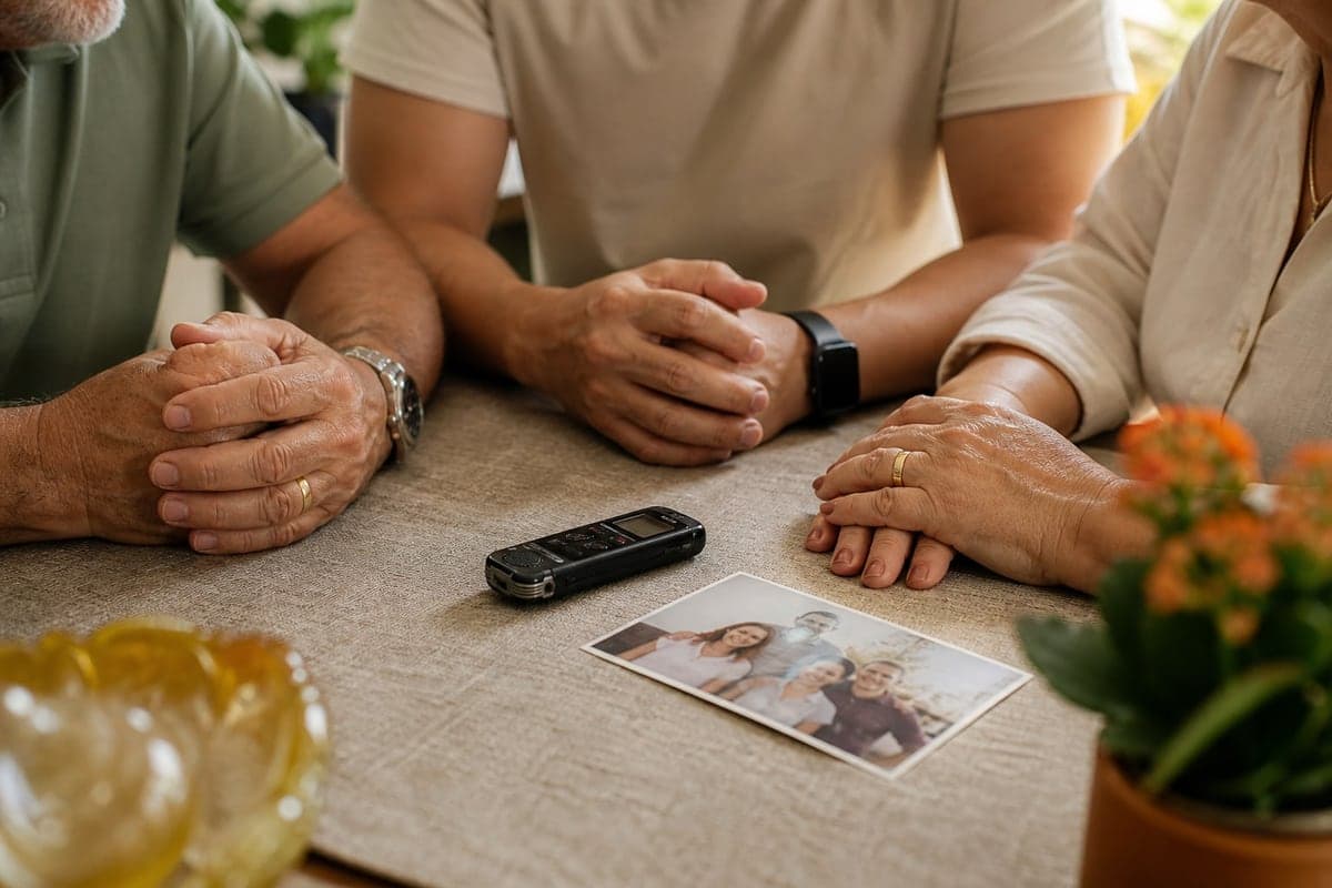 Mãos de pais idosos e de uma pessoa adulta reunidas ao lado de uma foto e de um gravador.