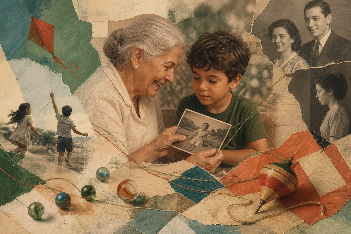 Brinquedos e fotos ligam as memórias de infância de crianças, pais e avós.