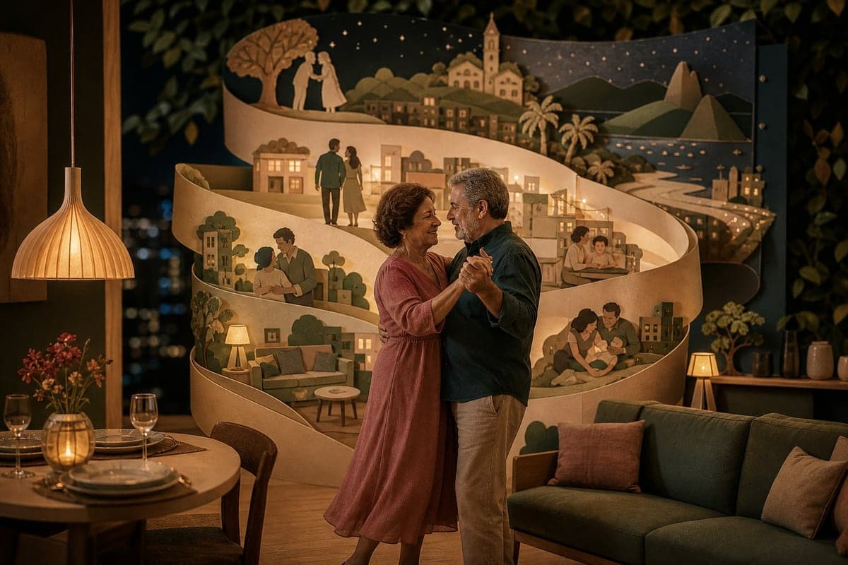 Casal de longa data dança diante de uma linha do tempo feita com memórias da vida a dois.