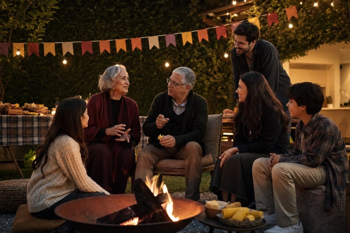 Família conversa em uma festa junina ao entardecer, cercada por comidas e bandeirinhas.