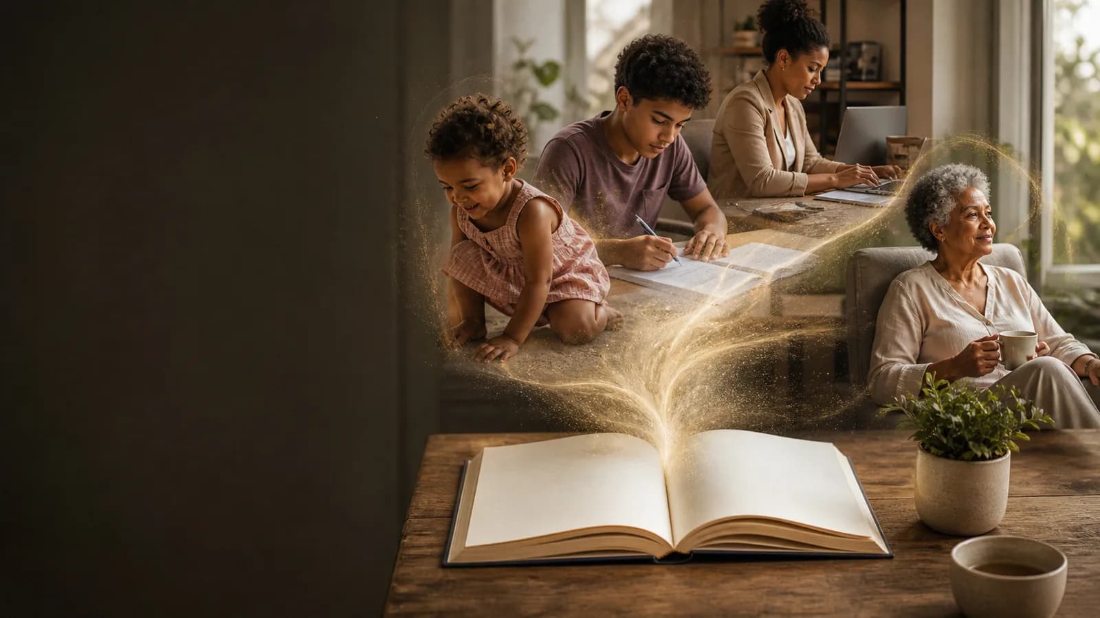 Fotografias de diferentes fases da vida surgindo de um livro aberto.