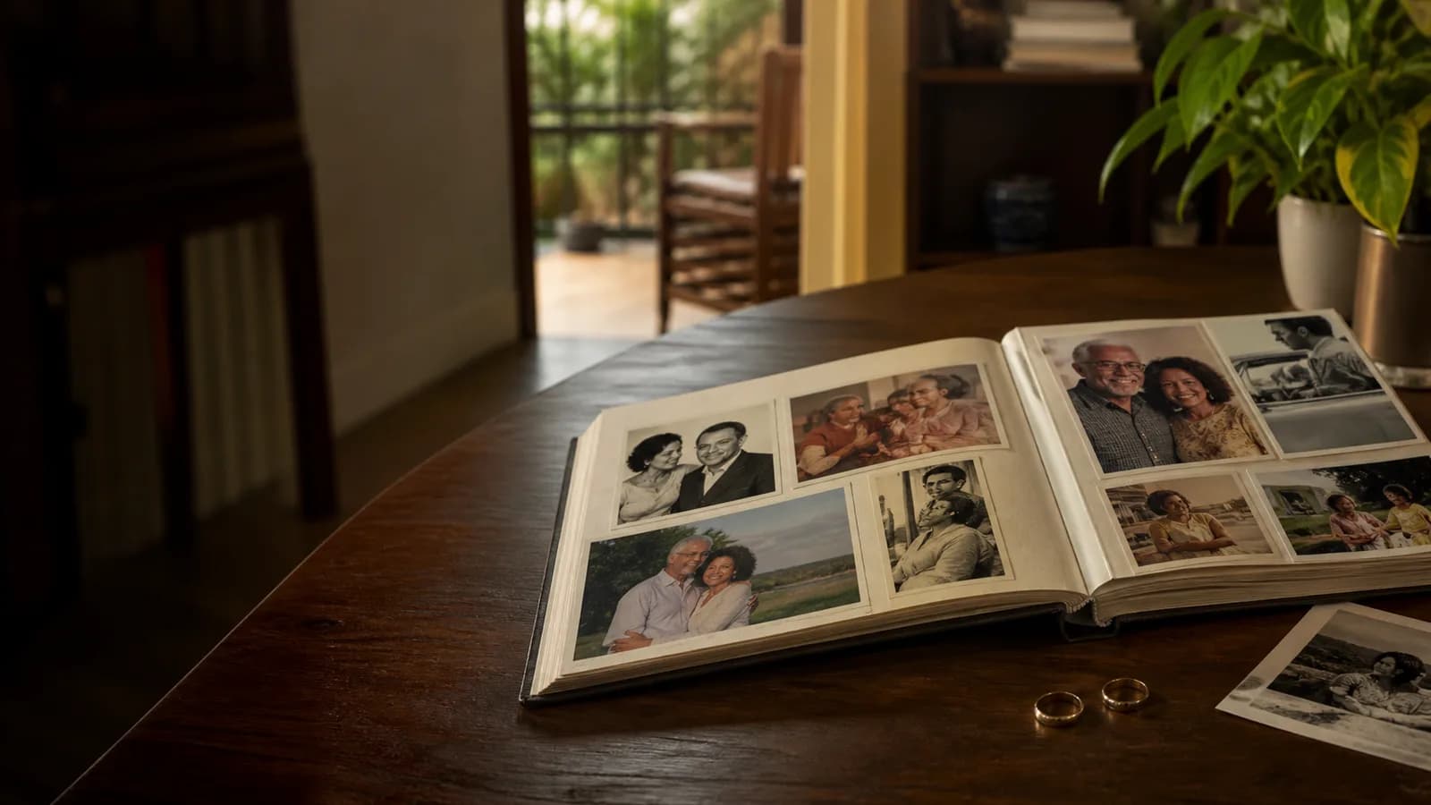 Livro de memórias dos avós aberto com retratos e histórias da família.