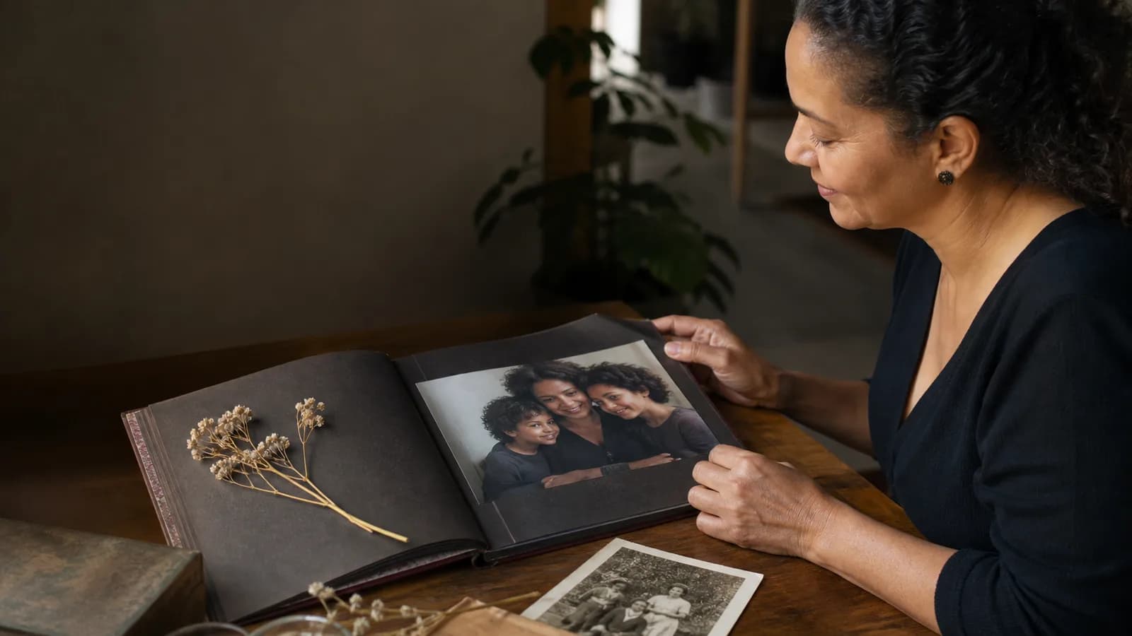 Livro de memórias para mãe aberto, com fotografias e capa dura.
