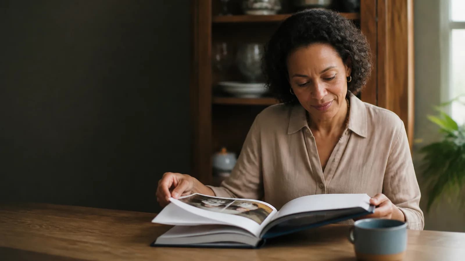 Pessoa madura folheando um livro de memórias pessoal com fotografias de família.