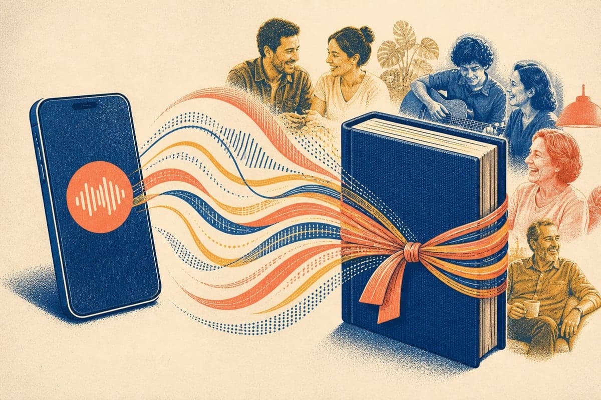 Ondas de áudio saem do celular e se organizam nas páginas de um livro.
