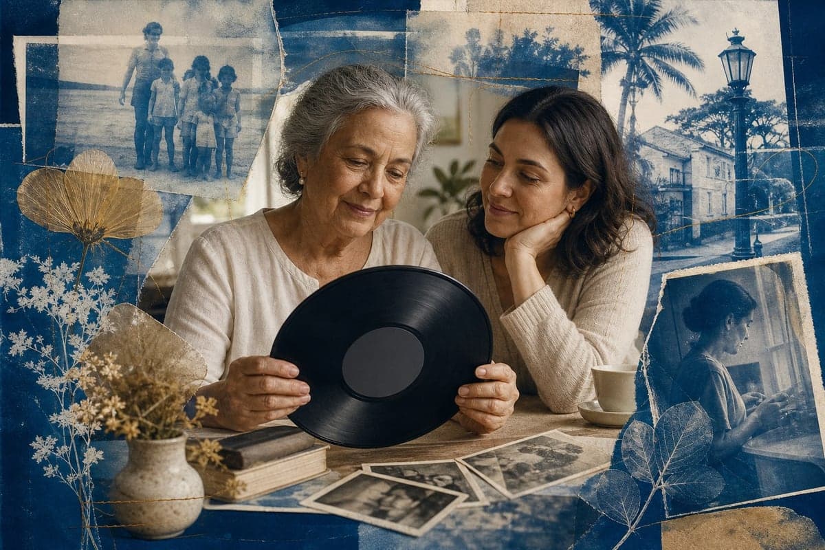 Mulher idosa recorda histórias com fotos, música e objetos ao lado de alguém da família.