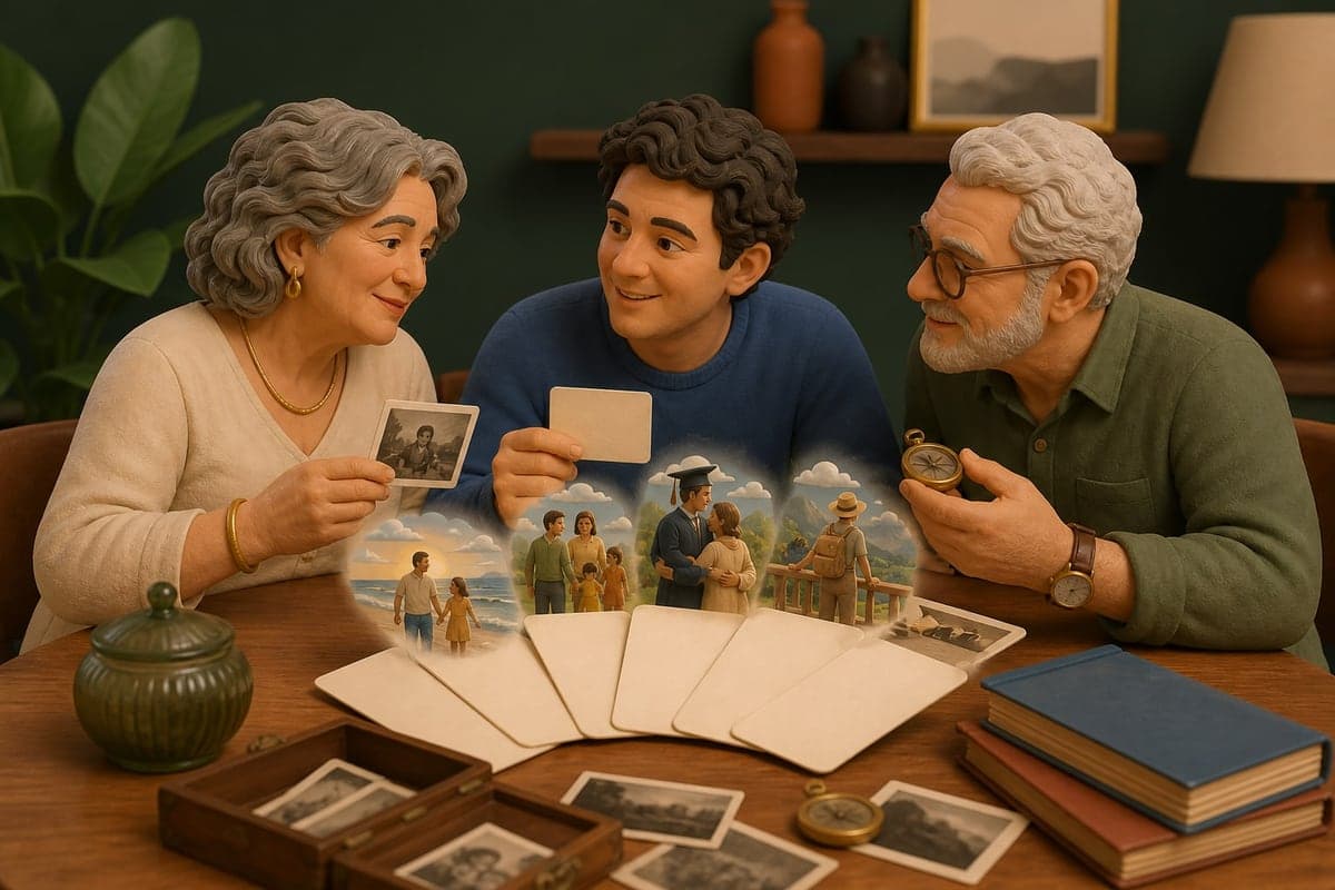 Pessoa adulta conversa com os avós usando fotografias e objetos para despertar histórias.