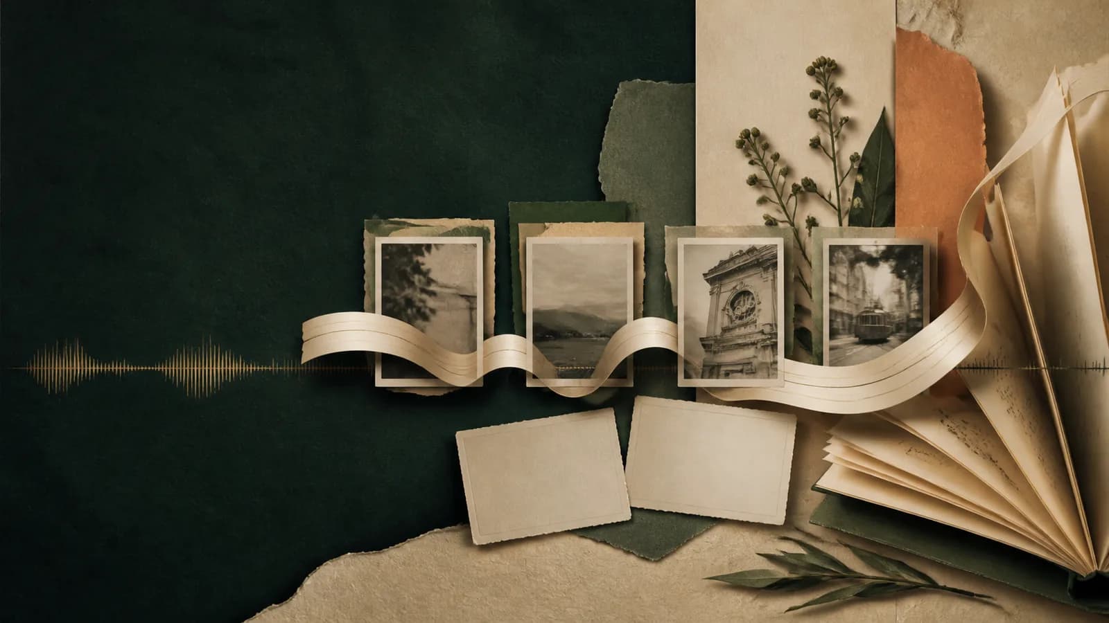 Fita de papel liga fotografias de diferentes épocas a uma onda de áudio e um livro.