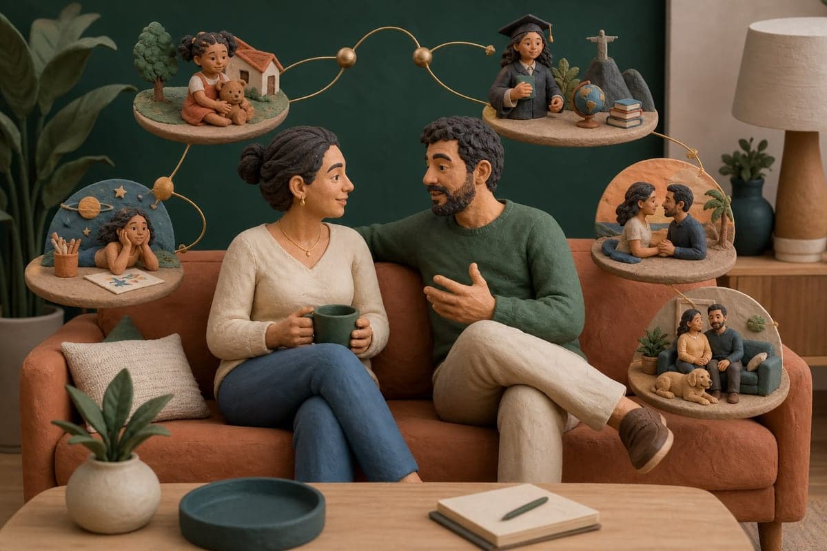 Casal conversa no sofá enquanto lembranças e sonhos da esposa surgem ao redor.