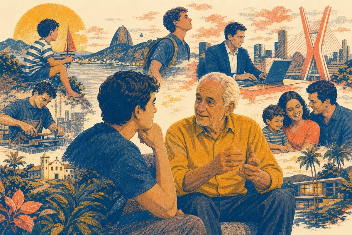 Fases da vida de um avô se abrem enquanto uma pessoa da família escuta suas histórias.