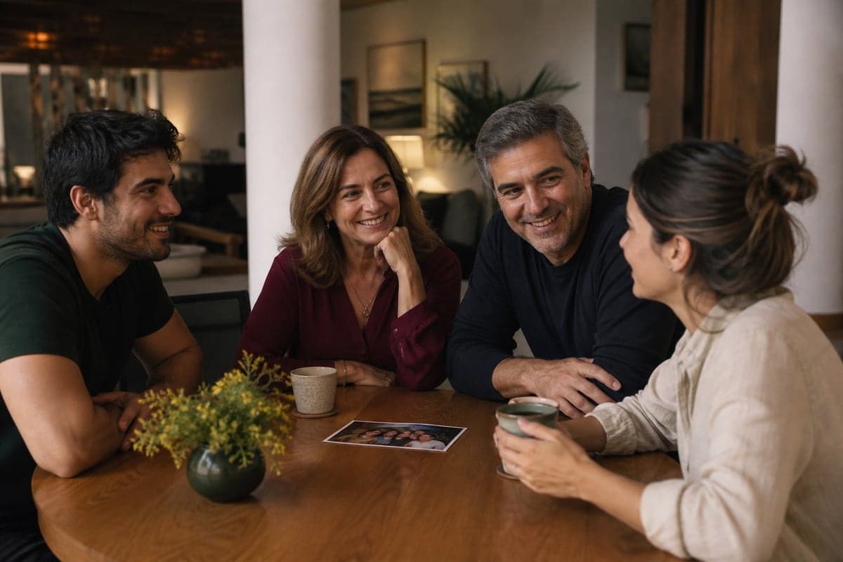 Pais conversam com os filhos adultos e retomam a proximidade em torno de uma foto antiga.