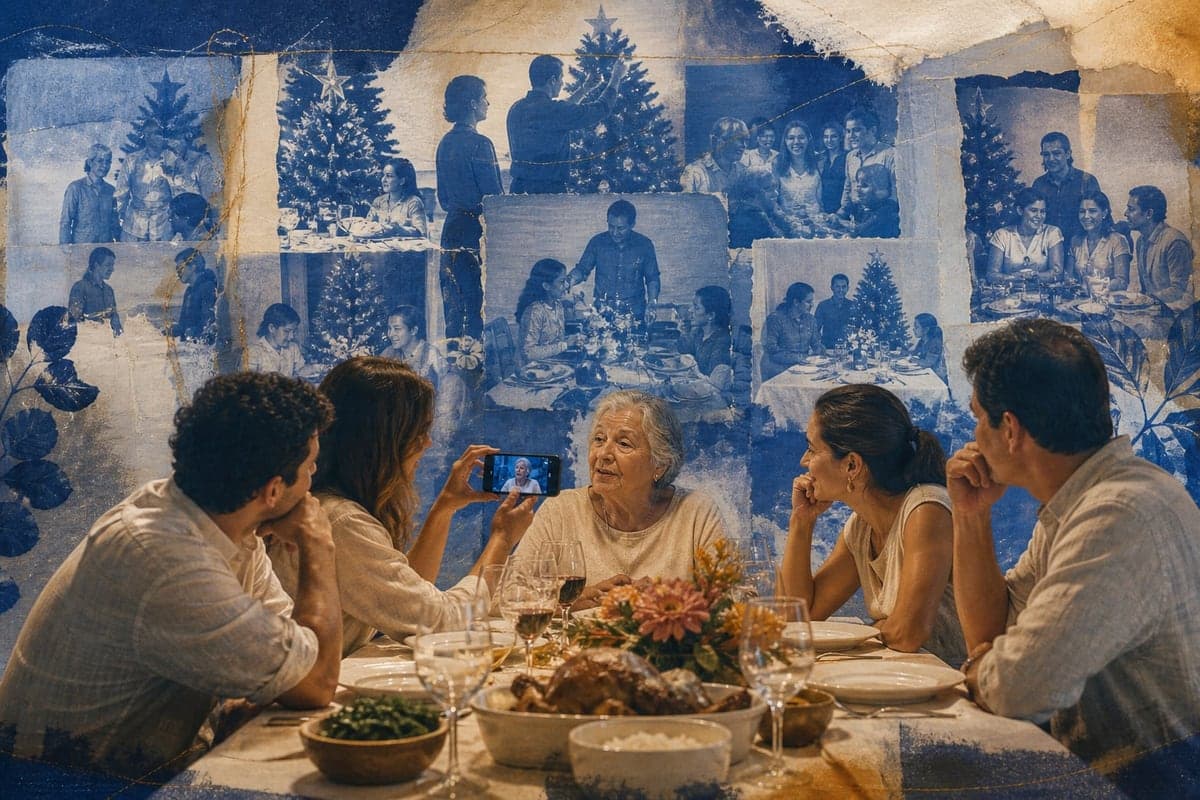 Família grava a história de uma pessoa mais velha durante a ceia de Natal.