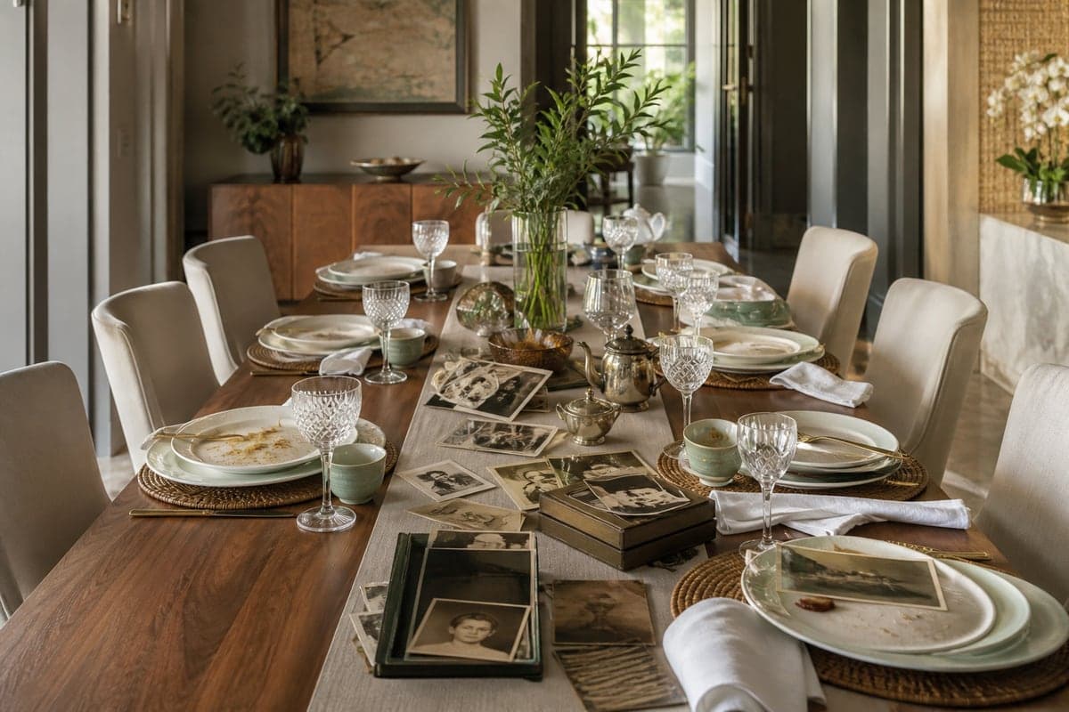 Lugares à mesa, fotografias e objetos formam um mosaico da família extensa.