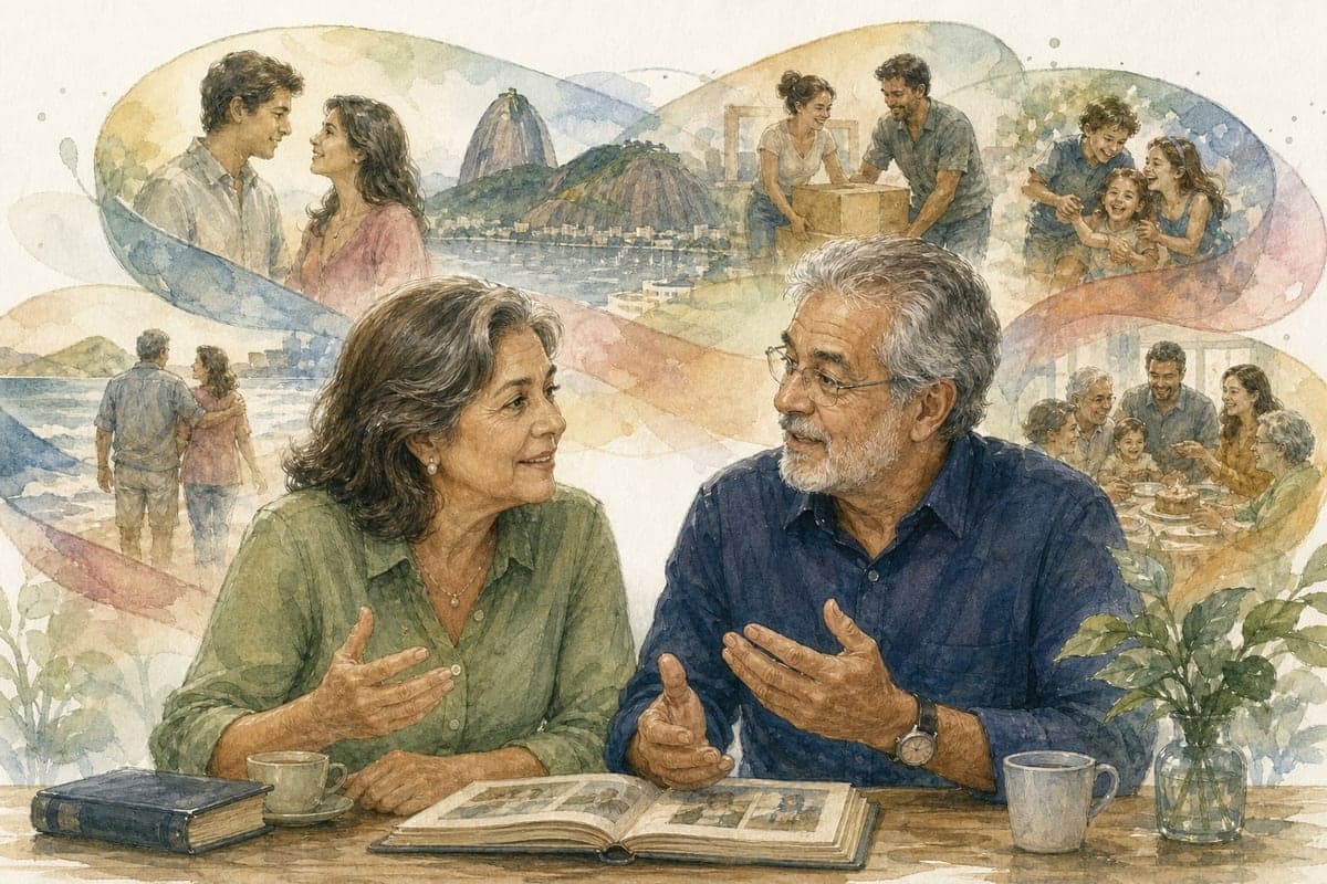 Casal de longa data conta a própria história, um completando as lembranças do outro.