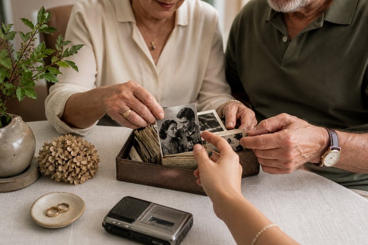 Fotografias, alianças e um gravador ajudam os pais a contar como começou sua história de amor.